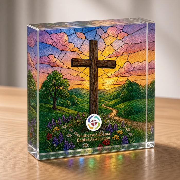 Personalized acrylic block with stained glass cross design - Southeast Alabama Baptist Association example