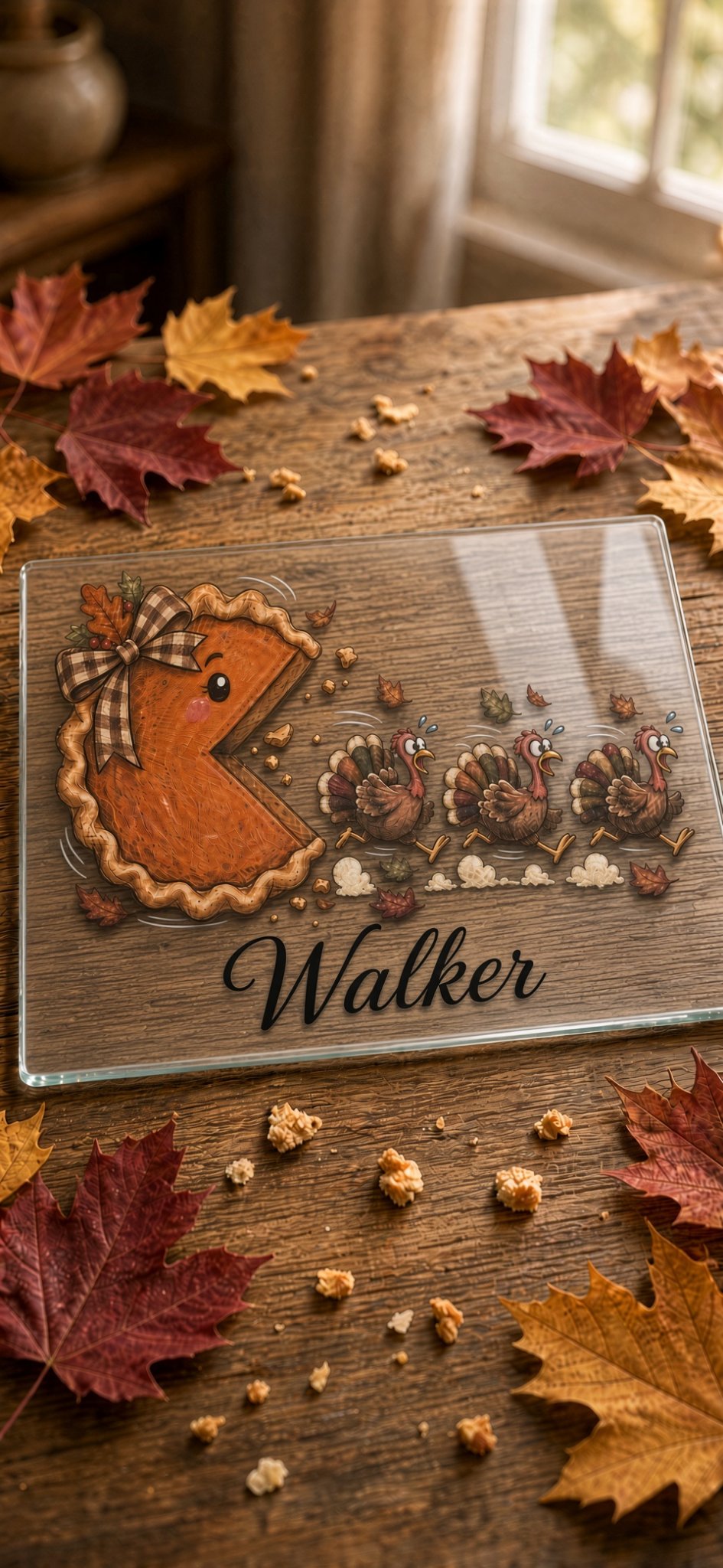 Personalized glass cutting board with Thanksgiving pie and turkeys design on a wooden table