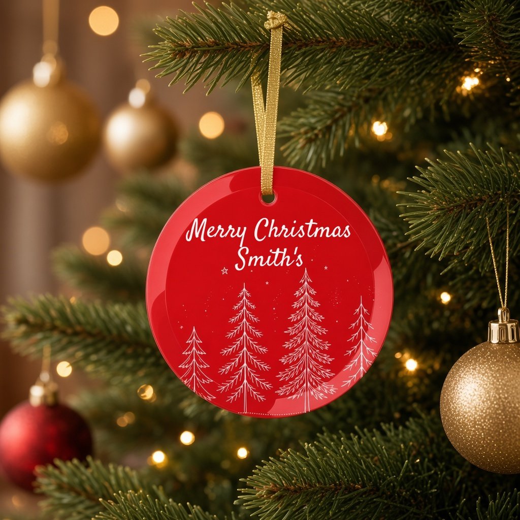 Personalized red glass Christmas ornament with white trees hanging on a Christmas tree