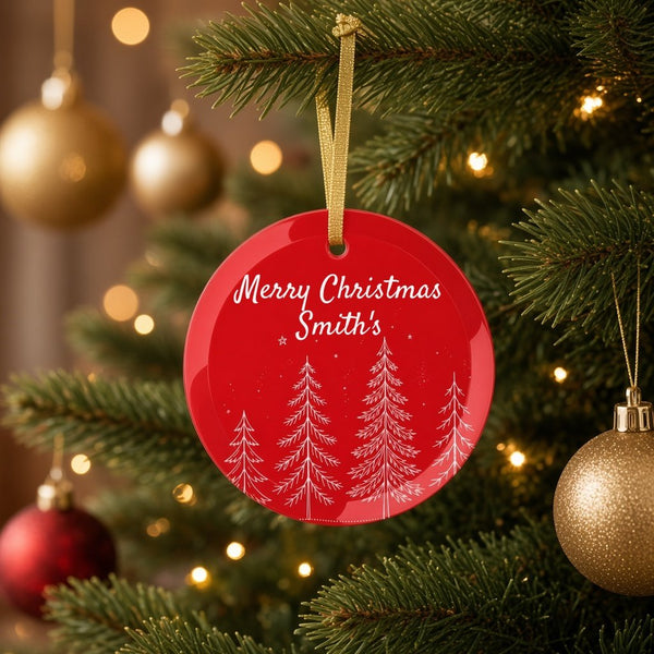 Personalized red glass Christmas ornament with white trees hanging on a Christmas tree