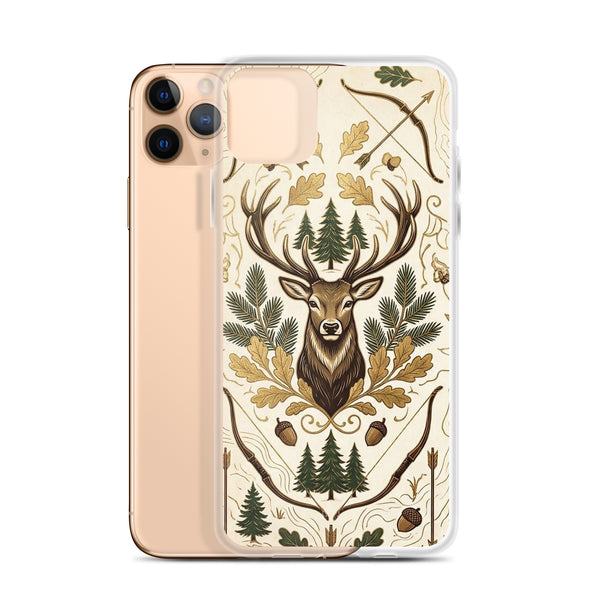iPhone Deer Hunting case, vintage stag with crossed bows and oak leaves, clear case mockup, iPhone 11 Pro Max