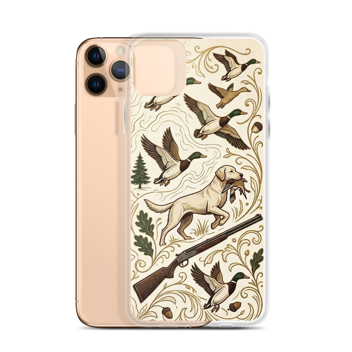 iPhone Duck Hunting case, mallards and yellow Lab retriever with shotgun, clear case mockup, iPhone 11 Pro Max