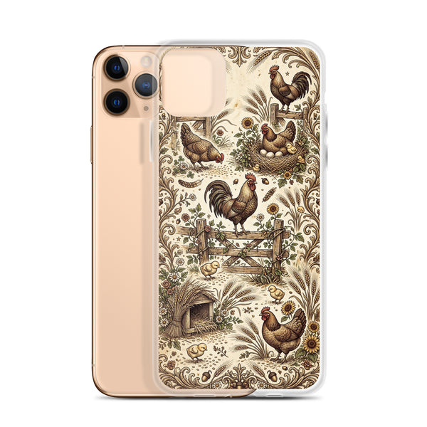 iPhone Chicken case, vintage roosters, hens and chicks farmyard scene, clear case mockup, iPhone 11 Pro Max
