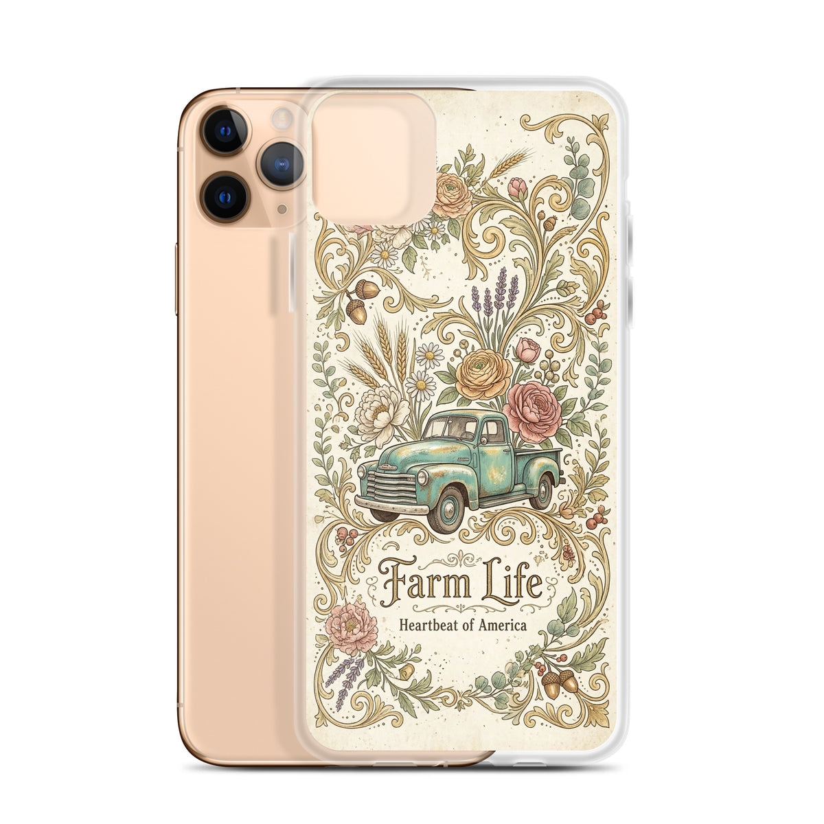 iPhone Farm Life case, vintage teal farm truck with flowers, clear case mockup, iPhone 11 Pro Max