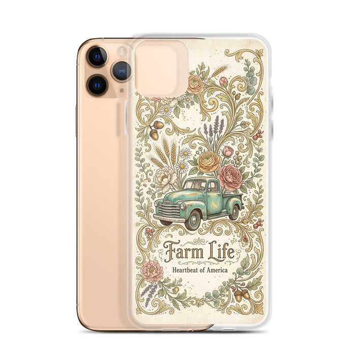 iPhone Farm Life case, vintage teal farm truck with flowers, clear case mockup, iPhone 11 Pro Max