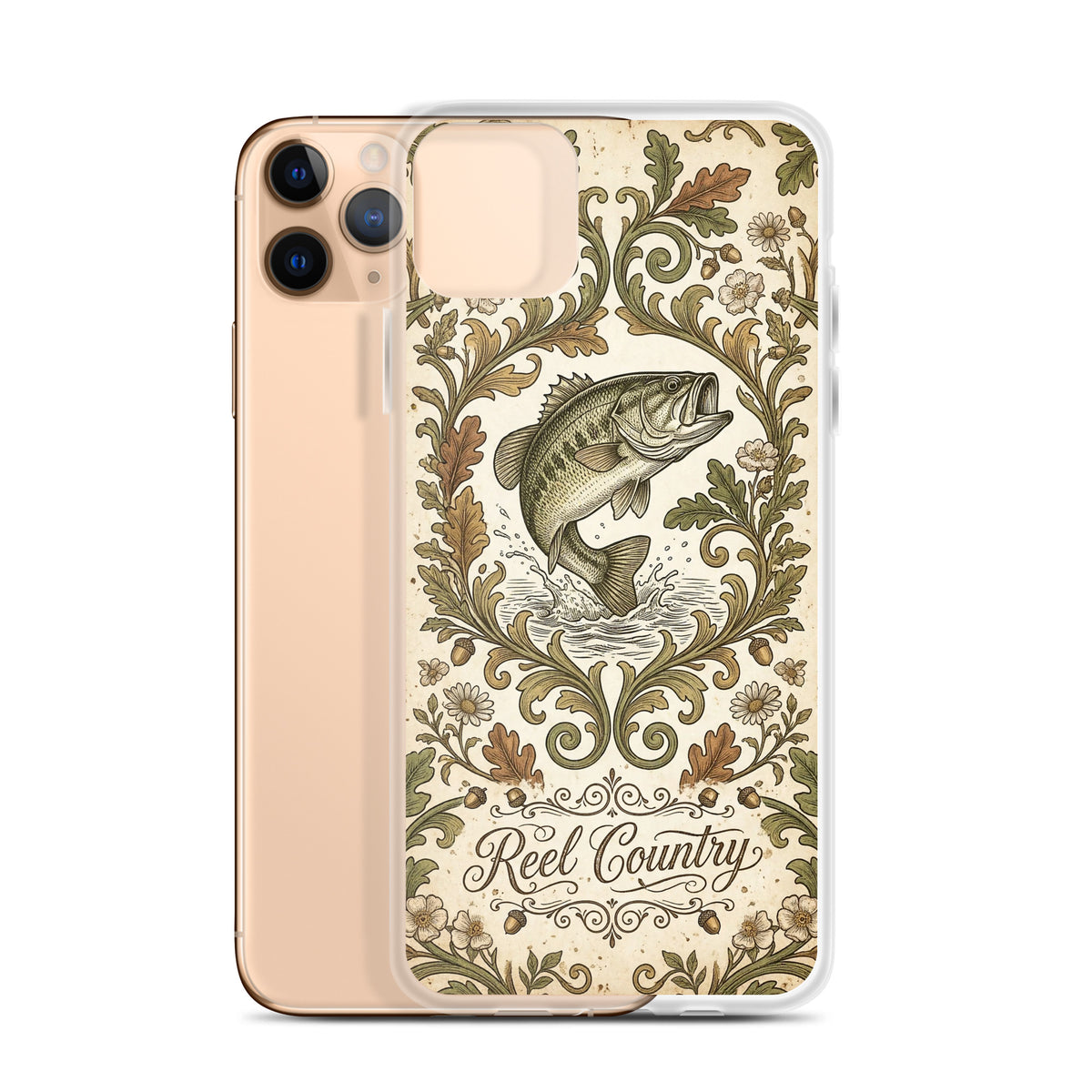 iPhone Reel Country Bass case, leaping largemouth bass with oak leaf scrollwork, clear case mockup, iPhone 11 Pro Max