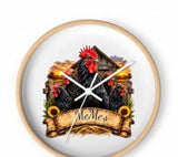 Personalized wall clock with Ayam Cemani chickens and MeMe's family name, wooden frame with white hands