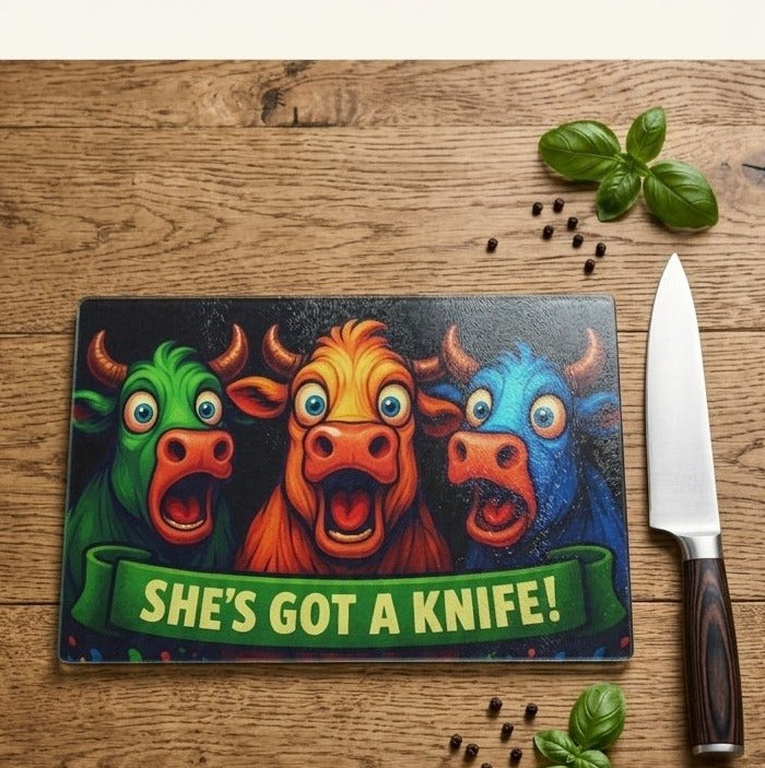 Glass cutting board with three funny cows and She's Got a Knife banner on a wooden counter