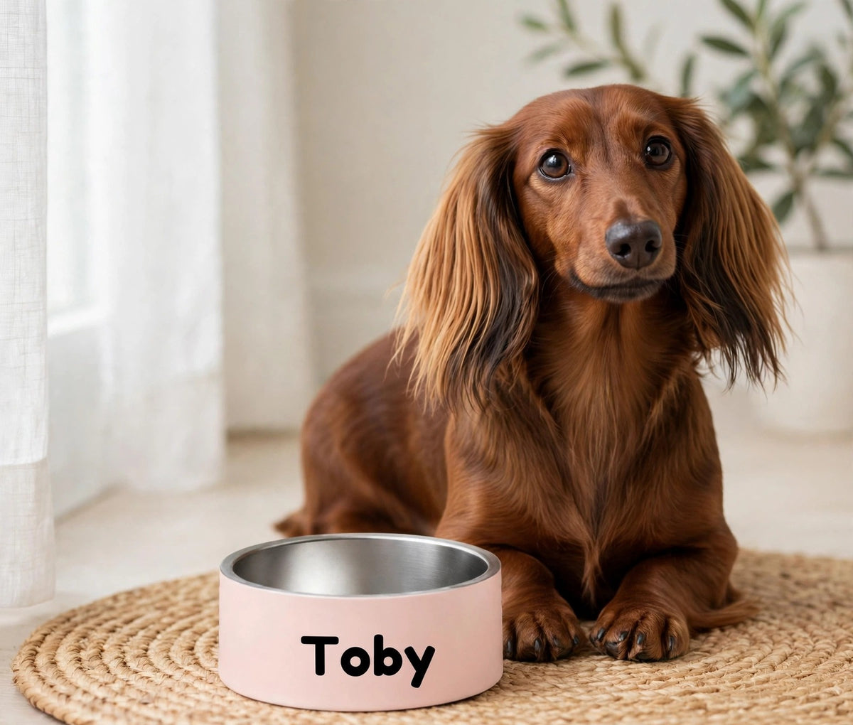 Personalized pink pet bowl with the name Toby in front of a dachshund - Front
