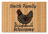 Personalized Striped Black Hen Doormat, Custom Text Coir with Woven Stripes, 24 by 16