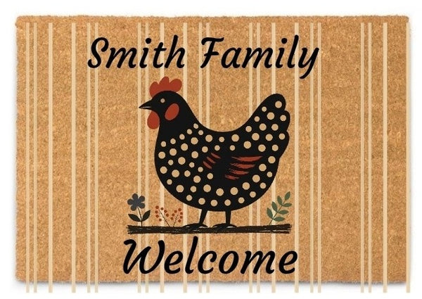 Personalized Striped Black Hen Doormat, Custom Text Coir with Woven Stripes, 24 by 16