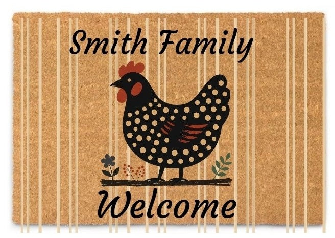 Personalized Striped Black Hen Doormat, Custom Text Coir with Woven Stripes, 24 by 16