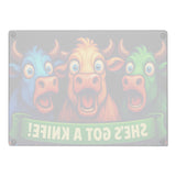 She's Got a Knife! Funny Cow Glass Cutting Board, Rectangle, 11x15, back view