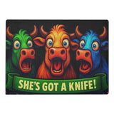 She's Got a Knife! Funny Cow Glass Cutting Board, Rectangle, 11x15, front view