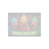 She's Got a Knife! Funny Cow Glass Cutting Board, Rectangle, 8x11, back view