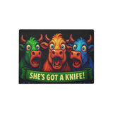 She's Got a Knife! Funny Cow Glass Cutting Board, Rectangle, 8x11, front view