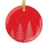 Winter Trees glass ornament, white pine trees on red glass