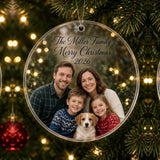 Personalized photo acrylic ornament, family photo with text on clear acrylic, hanging on a Christmas tree