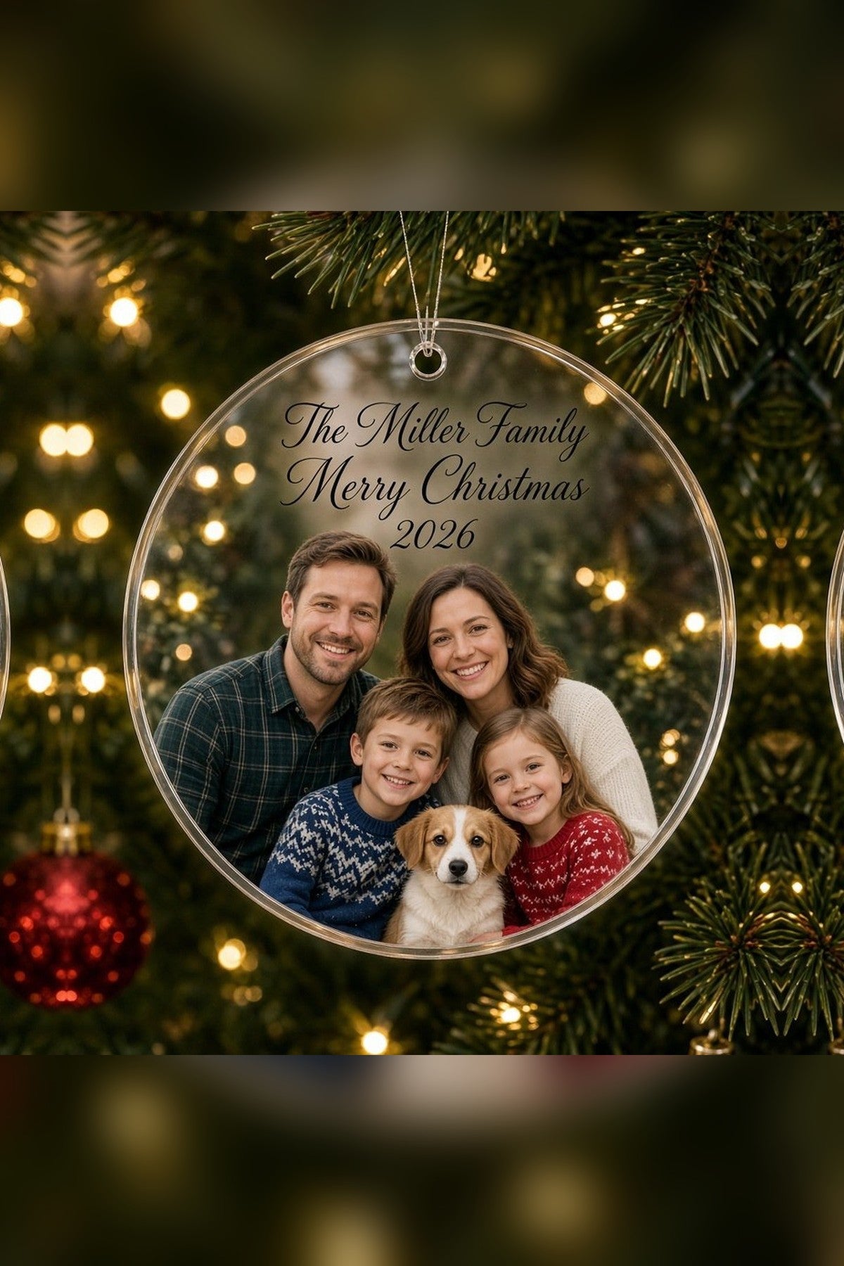 Personalized photo acrylic ornament, family photo with text on clear acrylic, hanging on a Christmas tree