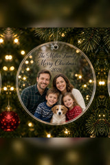 Personalized photo acrylic ornament, family photo with text on clear acrylic, hanging on a Christmas tree