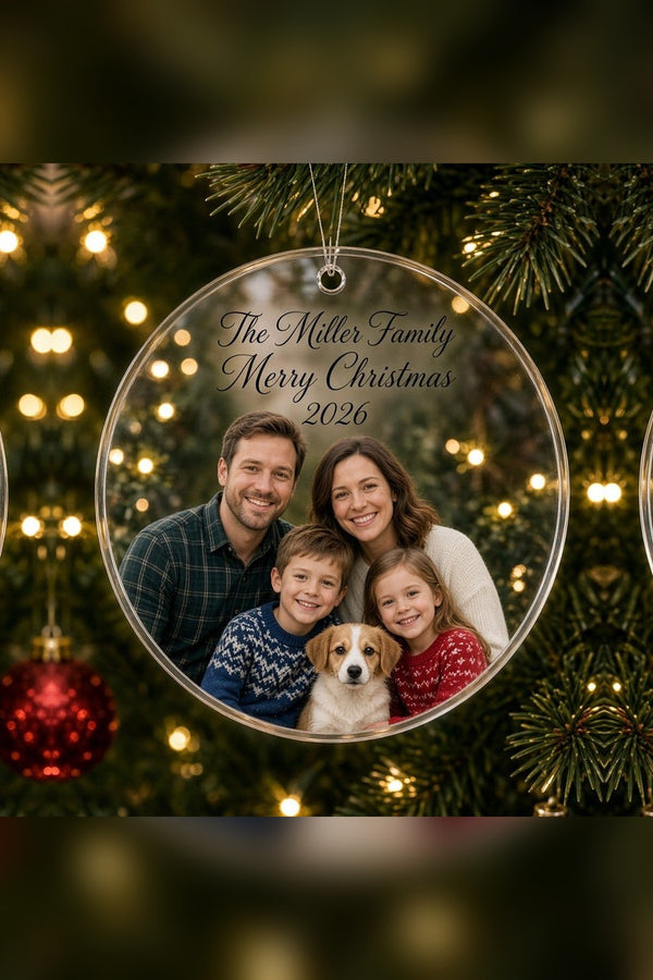 Personalized photo acrylic ornament, family photo with text on clear acrylic, hanging on a Christmas tree