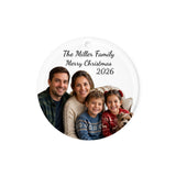 Sample personalization: family photo with three lines of text on a clear acrylic ornament