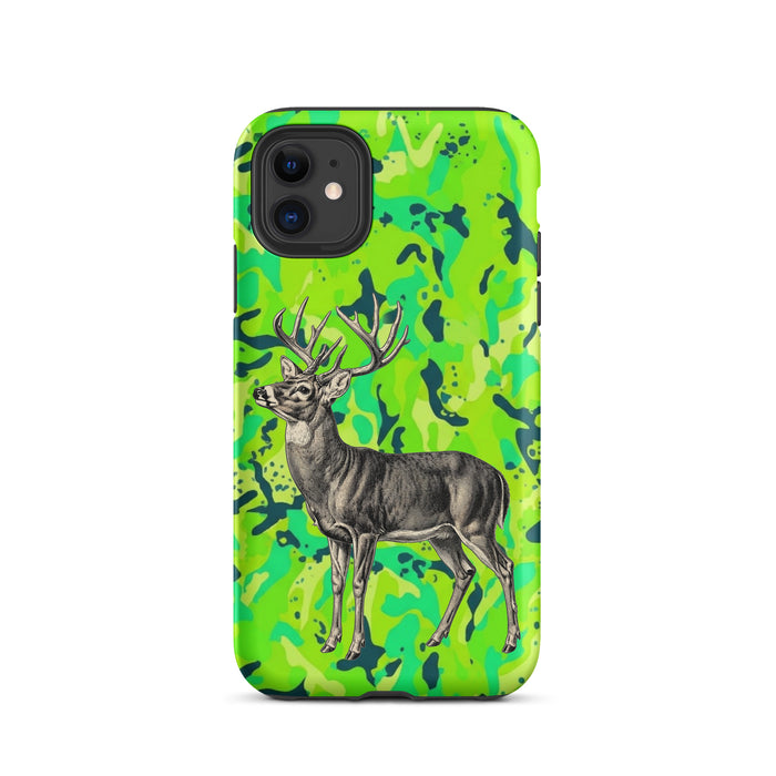 iPhone Whitetail Buck case, engraved deer on green camo, tough case mockup, iPhone 11 front view