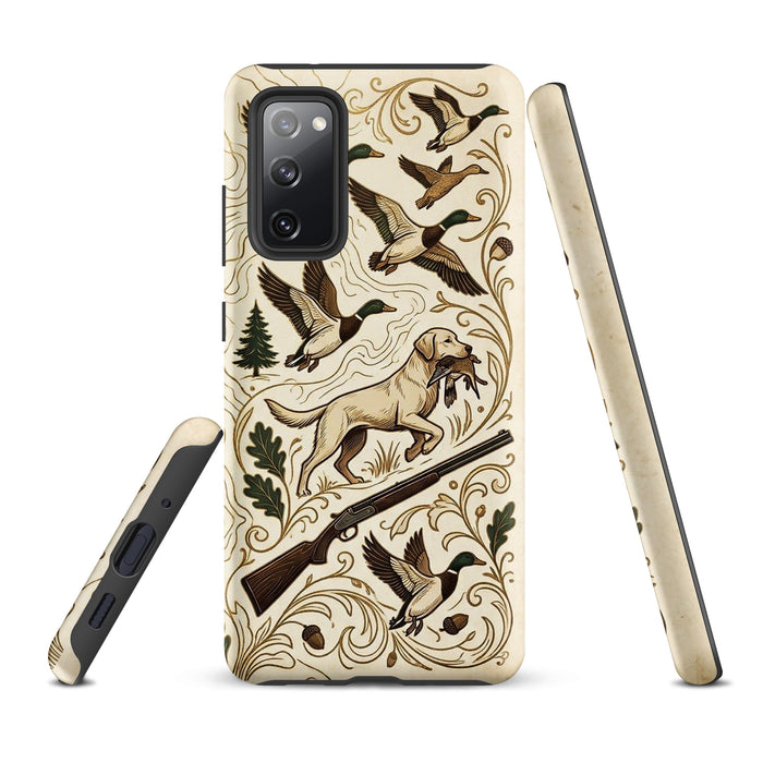 Samsung Duck Hunting case, mallards and yellow Lab retriever with shotgun, tough case mockup, Samsung Galaxy S20 FE front view