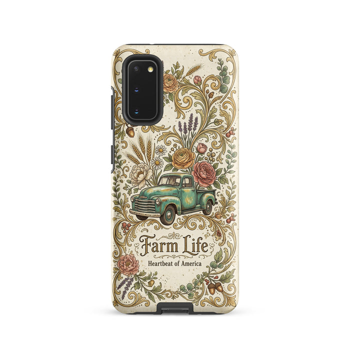 Samsung Farm Life case, vintage teal farm truck with flowers, tough case mockup, Samsung Galaxy S20 front view