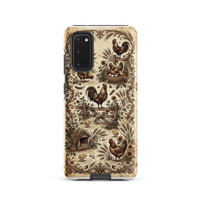 Samsung Chicken case, vintage roosters, hens and chicks farmyard scene, tough case mockup, Samsung Galaxy S20 front view