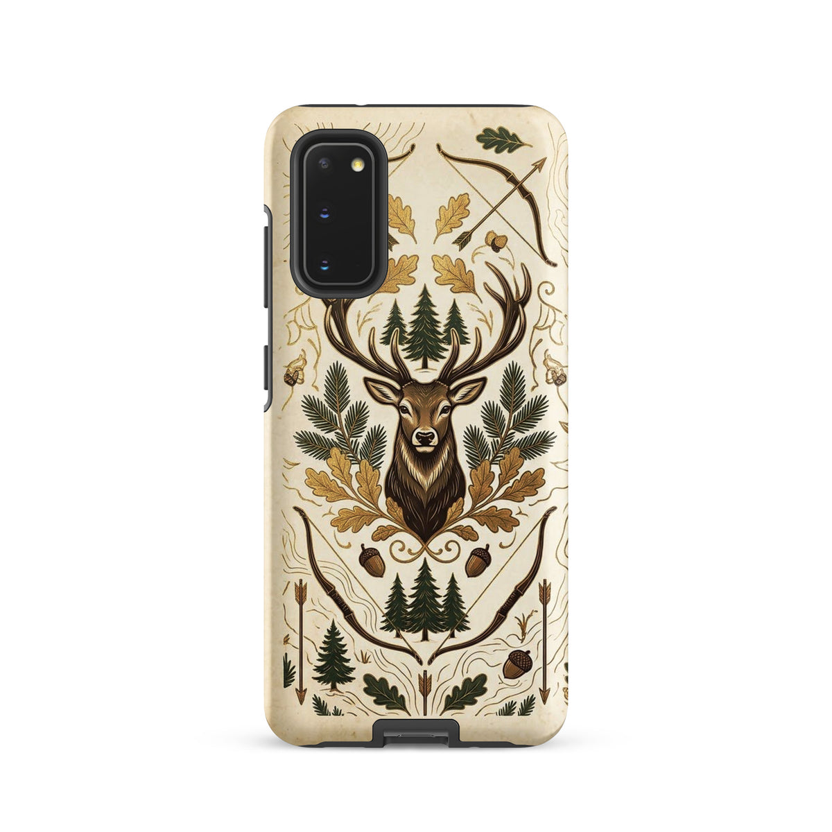 Samsung Deer Hunting case, vintage stag with crossed bows and oak leaves, tough case mockup, Samsung Galaxy S20 front view
