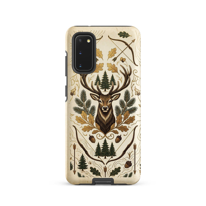 Samsung Deer Hunting case, vintage stag with crossed bows and oak leaves, tough case mockup, Samsung Galaxy S20 front view