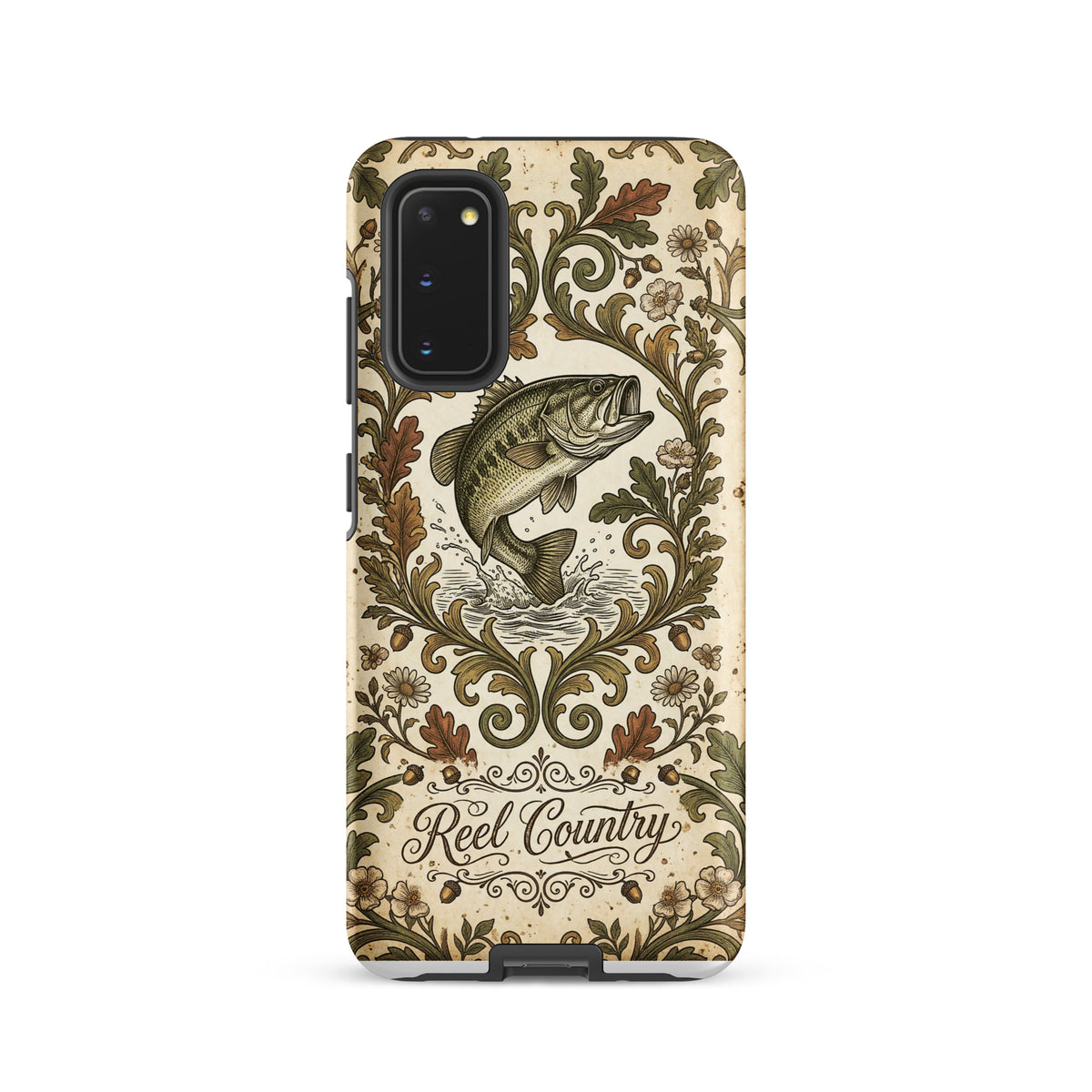 Samsung Reel Country Bass case, leaping largemouth bass with oak leaf scrollwork, tough case mockup, Samsung Galaxy S20 front view