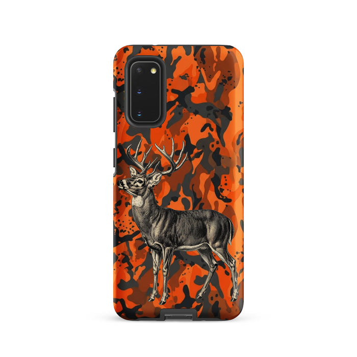 Samsung Whitetail Buck case, engraved deer on orange camo, tough case mockup, Samsung Galaxy S20 front view