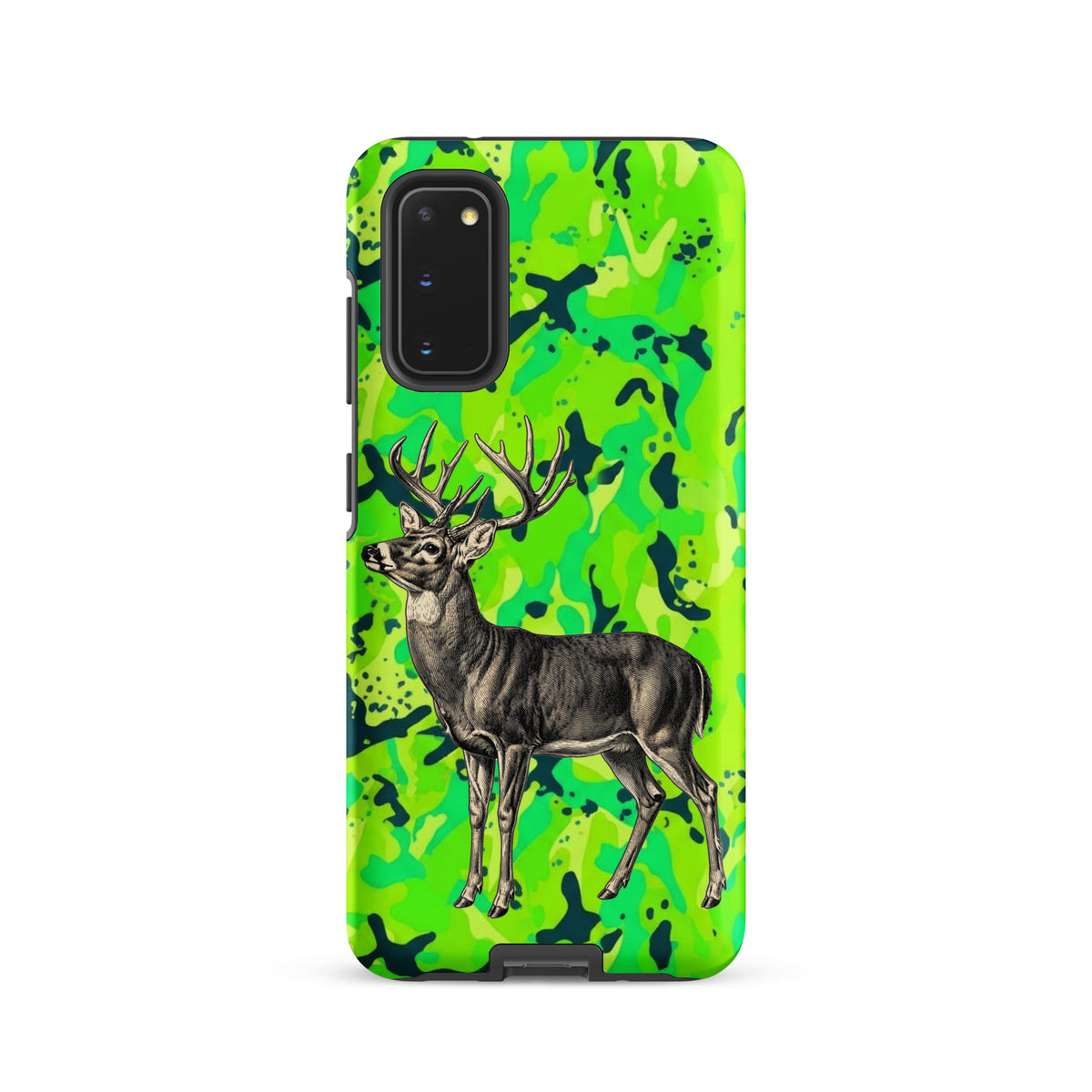 Samsung Whitetail Buck case, engraved deer on green camo, tough case mockup, Samsung Galaxy S20 front view