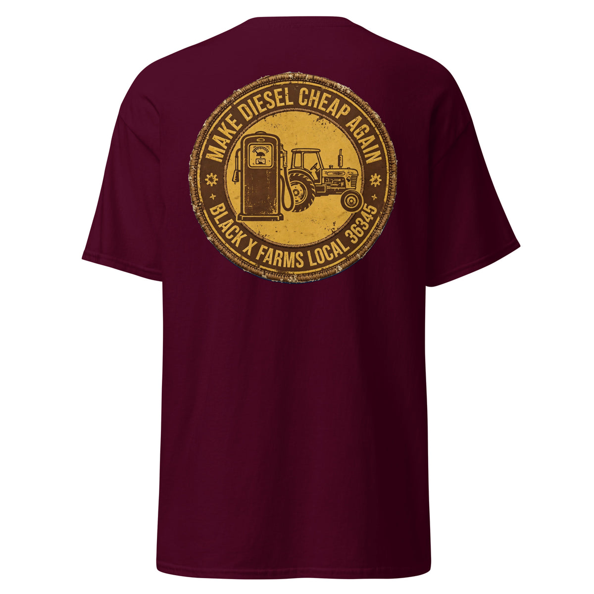 Make Diesel Cheap Again tee, Maroon, back view - Back