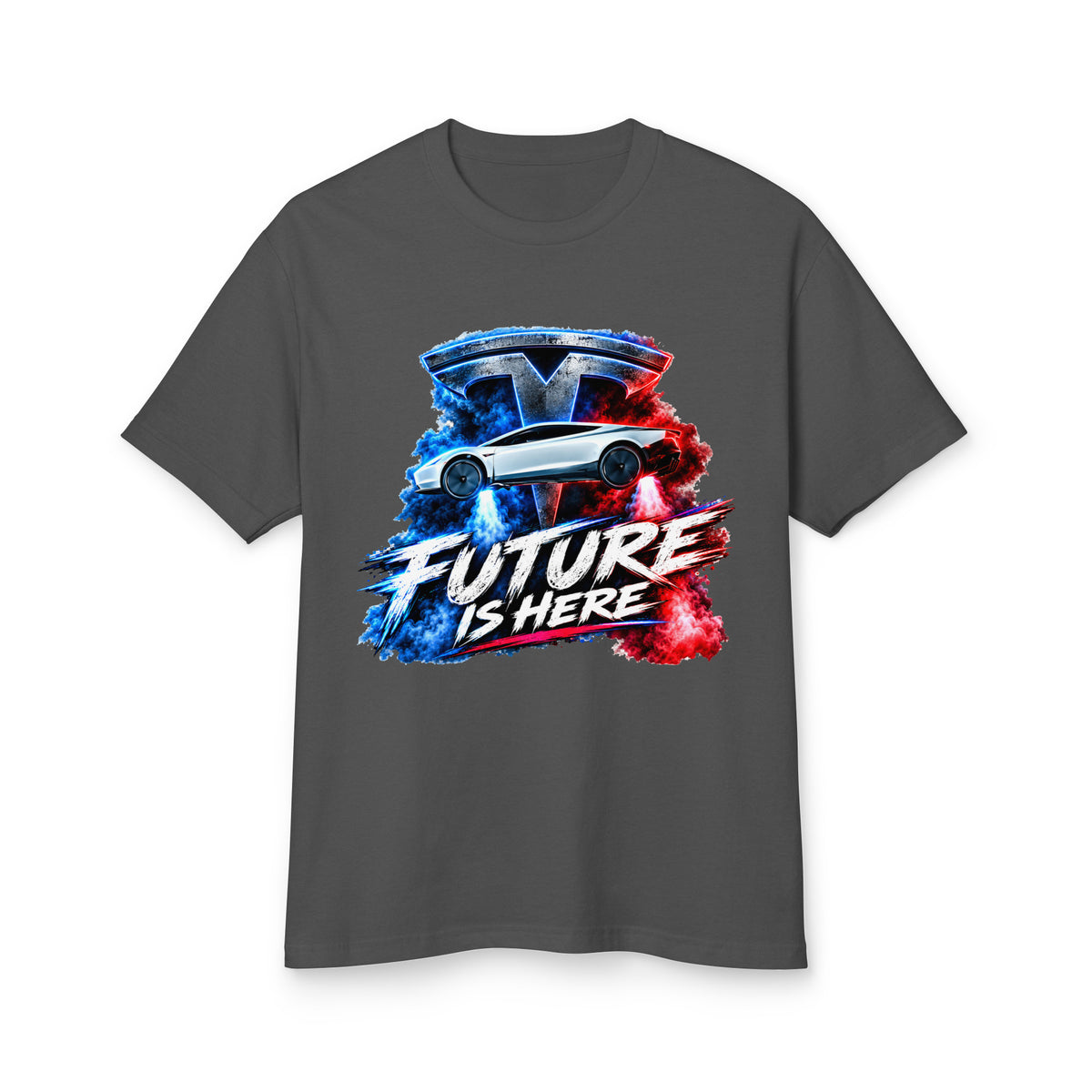 Tesla Future Is Here Flying Car Tee, Faded Black, front view