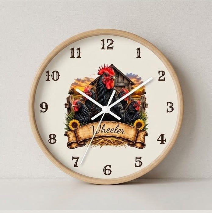 Personalized wooden wall clock with Ayam Cemani chickens and a custom family name banner, hanging on a wall