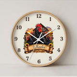 Personalized wooden wall clock with Ayam Cemani chickens and a custom family name banner, hanging on a wall
