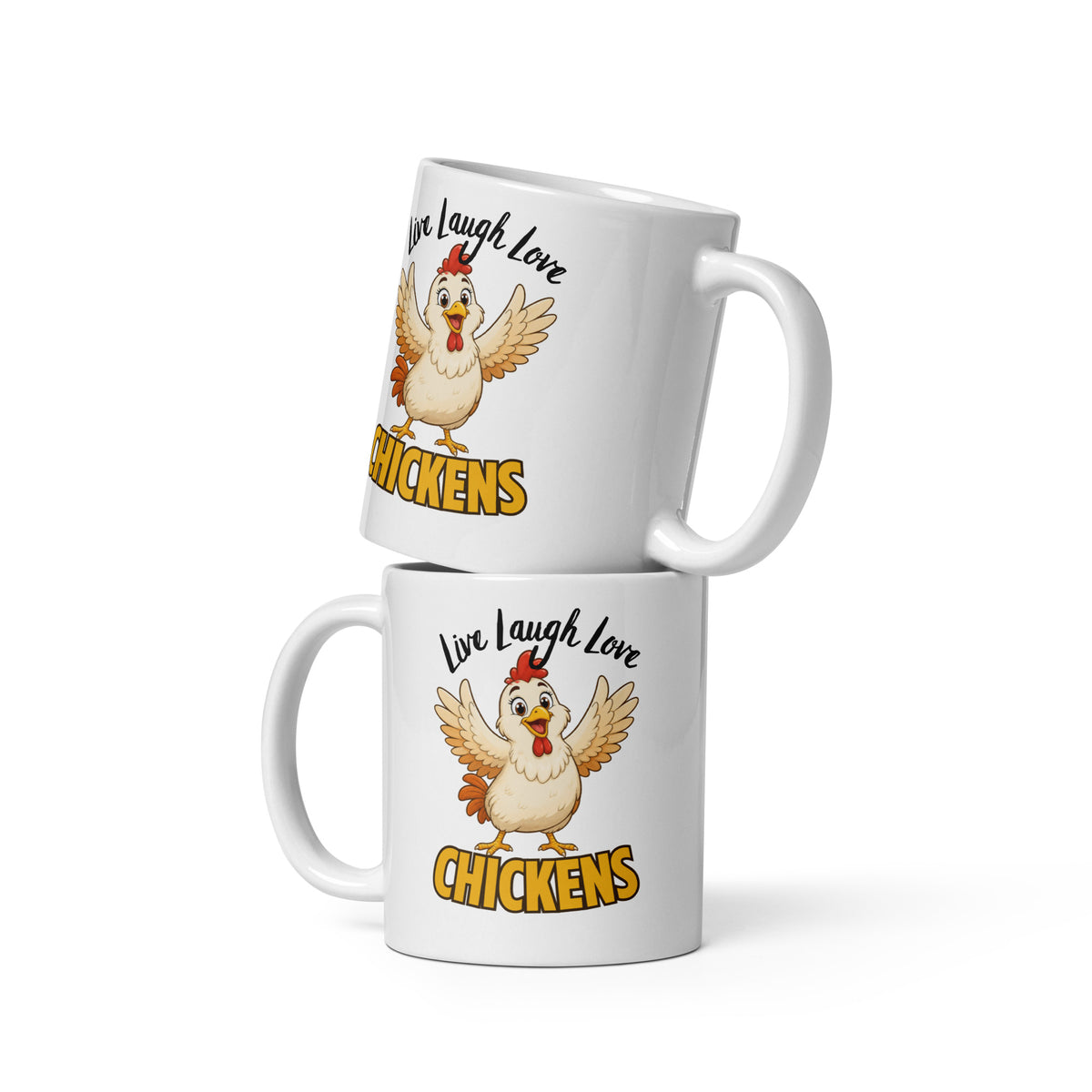 Live Laugh Love Chickens Funny Chicken Coffee Mug, White, 11 oz, front view