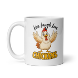 Live Laugh Love Chickens Funny Chicken Coffee Mug, White, 11 oz, handle on left