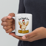 Live Laugh Love Chickens Funny Chicken Coffee Mug, White, 11 oz, handle on left
