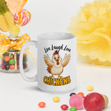 Live Laugh Love Chickens Funny Chicken Coffee Mug, White, 15 oz, handle on left