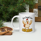 Live Laugh Love Chickens Funny Chicken Coffee Mug, White, 20 oz, handle on left